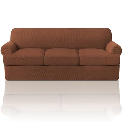 PrinceDeco T Cushion Sofa Slipcover 4 Pieces Sofa Covers for T Cushion Couch Soft Couch Cover (70"-88") Sofa Slip Cover Furniture Covers with 3 Individual T Shape Seat Covers Washable, Caramel