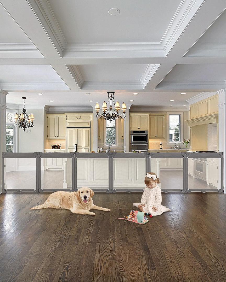 Dearlomum Extra Wide Baby Gate Playpen with Heat-Resistant Mesh,6 Panel Foldable Baby Fence,Indoor/Outdoor Safety Barrier,Dog Playpen & Fireplace Baby Gate,Grey (Gray)