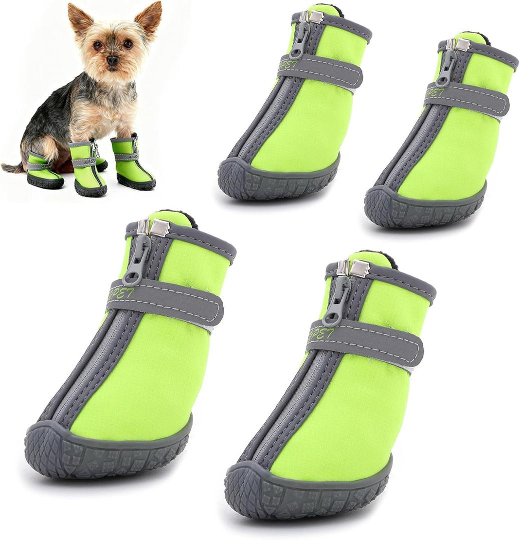 Dog Shoes for Small Dogs, Dog Boots Paw Protector for Winter Snow Hot Pavement, Anti-Slip Dogs Booties with Reflective Strips for Ourdoor Walking, Indoor Hardfloors Green Size2
