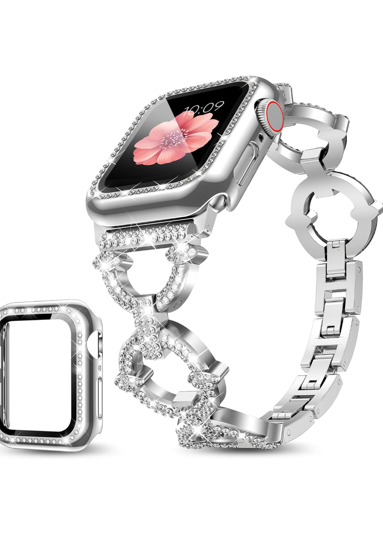 Mesime Compatible with Apple Watch Band 38mm 40mm 41mm 42mm 44mm 45mm 46mm, Women Bling Jewelry Bands with Tempered Glass Screen Protector Case, Shiny Strap for iWatch Series 10/9/8/7/6/5/4/3/2/1/SE