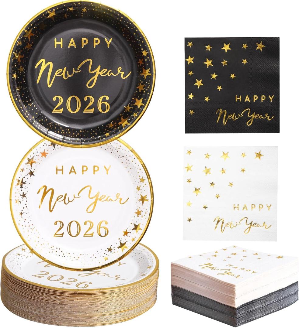 Winoo Design 100PCS Bulk New Year Plates and Napkins Party Supplies - Serves 50PK- 2026 Happy New Year Eve Party Decor Decorations Party Favors