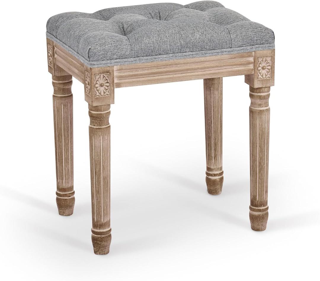 VONLUCE French Vintage Foot Stool with Rustic Wood Legs and Padded Seat, 18.5" High Memory Foam Upholstered Vanity Stool and Entryway Bench,Tufted Fabric Ottoman Stool for Bedroom Living Room, Gray (Gr