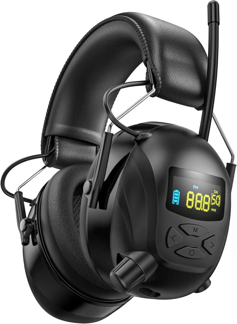 2025 Bluetooth 5.4 AM/FM Radio Ear Protection Headphones with Backlit Digital Display/Mic, 120H Working Time, Rechargeable, 30dB Noise Reduction Safety Earmuffs for Lawn Mowing, Workshop - Black