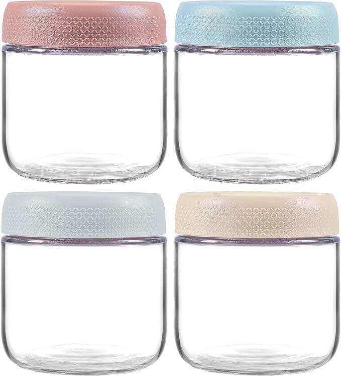 MOLADRI 3 Pack Glass Clear Storage Canister with Airtight Lid, 12oz Overnight Oats Containers, Small Cute Decorative Pantry Jar for Snacks, Yogurt, Cereal, Fruit, Salad, Spice, Sugar, Coffee, Tea