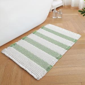 Waffle Bath Mat, Boho Bathroom Rugs Non Slip Washable Absorbent Checkered Bathroom Mat Quick Dry Farmhouse Bathroom Decor for Shower, Tub, Sink, Toilet, Vanity (Green & White, 20" x 32")