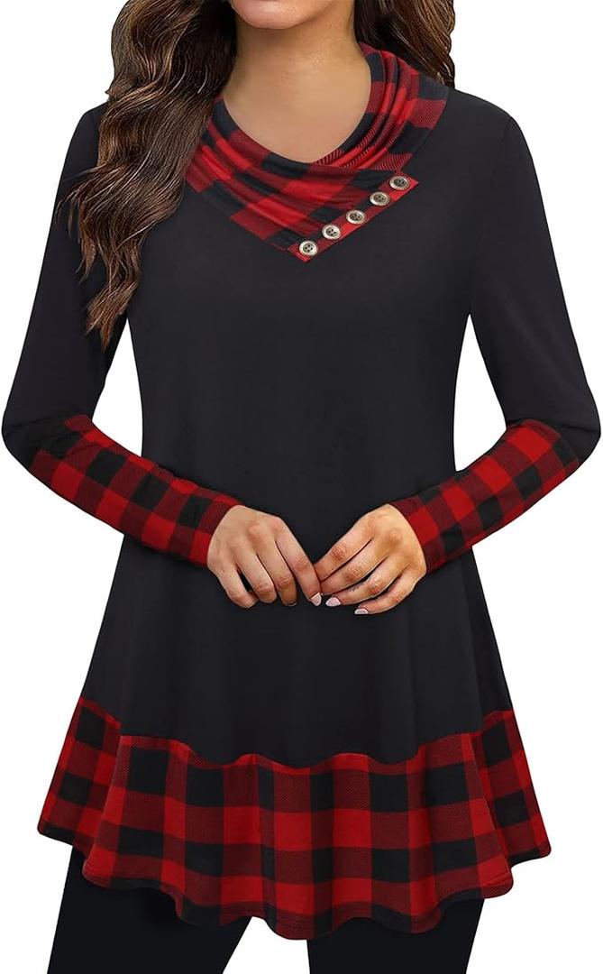 Gaharu Women's Long Sleeve Button Cowl Neck Floral Printed Casual Tunic Tops, Medium