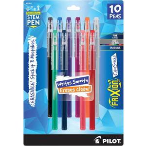 Pilot FriXion ColorSticks Erasable Gel Ink Pens, Fine Point 0.7 mm, Assorted Colors, Pack of 10, Erasable Pens - Ideal for School, Journaling, & Office Writing