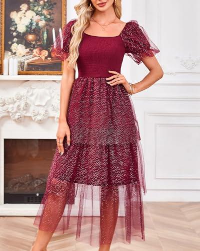 Youtalia Women's Smocked Tulle Midi Dress Tiered Shimmer Square Neck Puffy Sleeve Wedding Evening Party Dresses