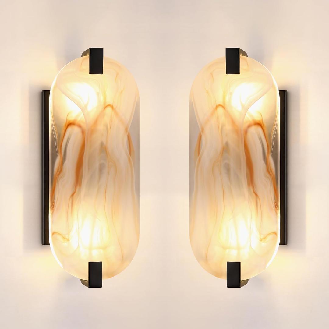 2 Pack 2 Light Oval Red Frosted Glass Bathroom Wall Sconce Modern Concise Style Wall Light Fixture,Black Finish for Bedroom Hallway Bedside