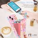 for iPhone 15 Plus Case Wallet Crossbody with Card Holder,Retro Oil Painting 3D Flower Case with Wrist Strap&360Ring Stand [Screen Protector+Camera Lens Protector] Flip Phone Cover,Rose Gold