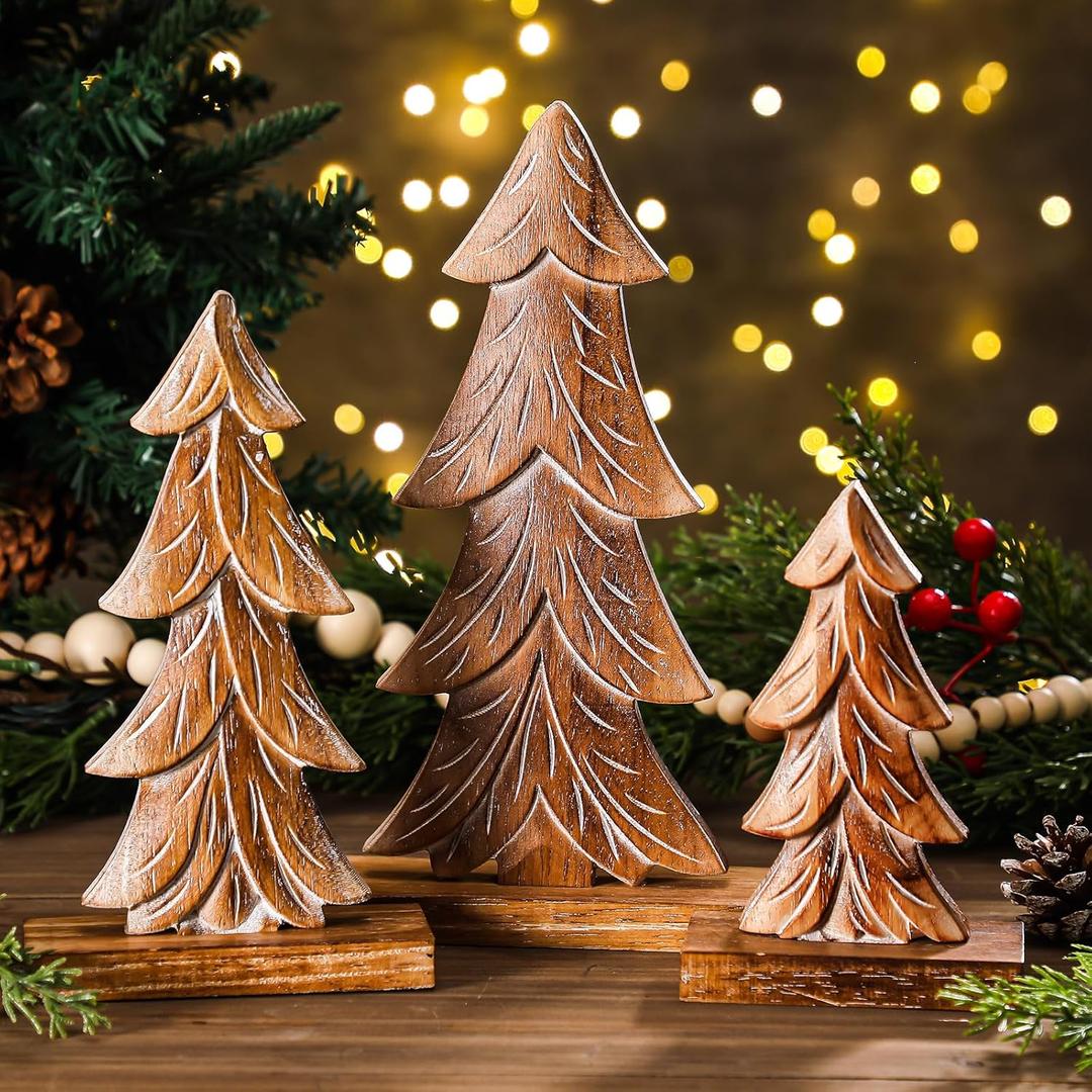 Cinnvoice 3 Set Handmade Carved Wooden Christmas Trees Tabletop Holiday Winter Christmas Trees Tabletop Decoration with Rectangular Base Rustic Xmas Centerpieces for Farmhouse Home Mantel Shelf Decor