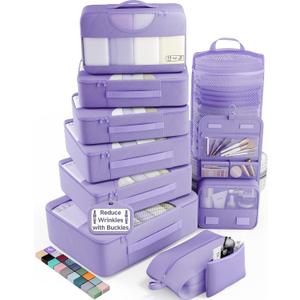 Veken 10 Set Packing Cubes for Travel Essentials,Anti-Wrinkle Buckled Suitcase Organizer for Shoe & Toiletry Bag,Carry On Luggage Bag with 99+ Count Mesh Holes for Airplane & College Dorm Accessories