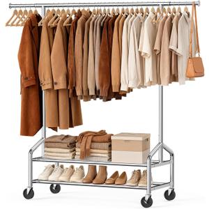Heavy Duty Clothes Rack, Rolling Clothing Rack for Hanging Clothes Load 650 LBS with 2 Sturdy Shelves, Metal Garment Rack with Wheels for Bedroom, Laundry Room, Retail Store, Silver