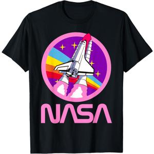 Nerdy NASA Rainbow Rocket Launch Girls Science Teacher T-Shirt (Black,XS)