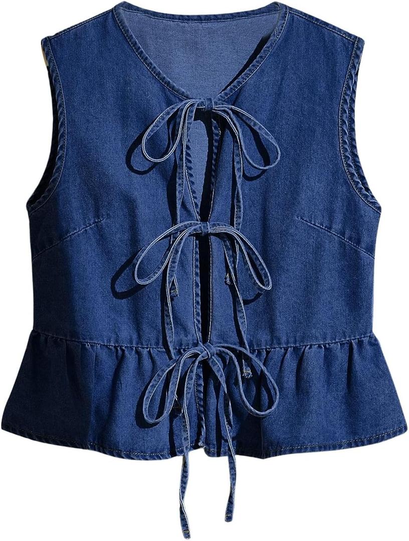 SHENHE Women's Y2k Tie Front Denim Vest V Neck Ruffle Hem Sleeveless Peplum Jean Top Shirt Dark Wash Blue Medium