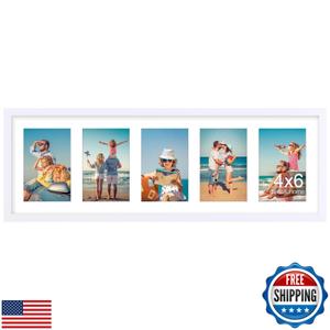 decorUhome 8x24 Picture Frames Collage Wall Decor, Display 5Pcs 4x6 Photos with Mat or 1Pcs 8x24 Unmatted, 5 4x6 Collage Picture Frames for Wall Mounting, White