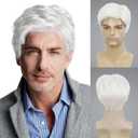 Kaneles Mens White Wigs Short Soft Layered Natural Synthetic Hair for Male Daily Full Wig(White)