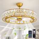 Siljoy Gold Fandelier Ceiling Fan with Light, 31.5'' Modern Crystal Chandelier Ceiling Fans with Lights Remote Control, Large Mid Century Dimmable Fandelier 6 Speeds for Living Room Bedroom Nursery