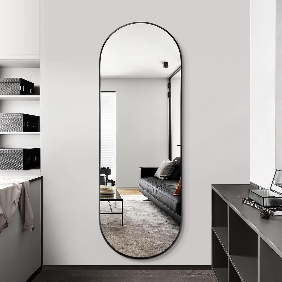 Oval Full Length Mirror, 65"22" Wall-Mounted Mirror with Metal Frame, Ultra-Clear Explosion-Proof, Simple and Classic Deco for Cloakroom/Bedroom/Living Room, Black