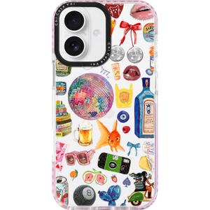 for iPhone 16 Plus Case, Retro Party Collage Pattern with Disco & Gin, Military-Grade Drop Protection, Cute Soft Slim TPU Protective Cover with Camera Protection for Women & Girls (LightBalls)