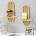 Bohemian Wood Candle Sconces Set of 2 - Wall Mounted Candle Holders Art Decor, Rustic Farmhouse Floating Wall Sconces Shelf for Living Room, Dining Room, Hallway