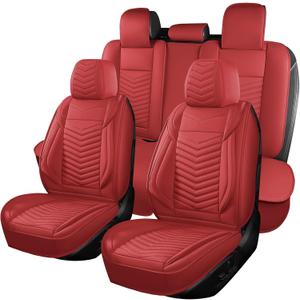 HChengkikz Nappa Leather Car Seat Covers Full Set, Red Car seat Protector 5 Seats, Waterproof Car Seat Cushion, Universal Automotive Seat Covers Fit for SUV Truck Pick-up Sedan, Front and Rear