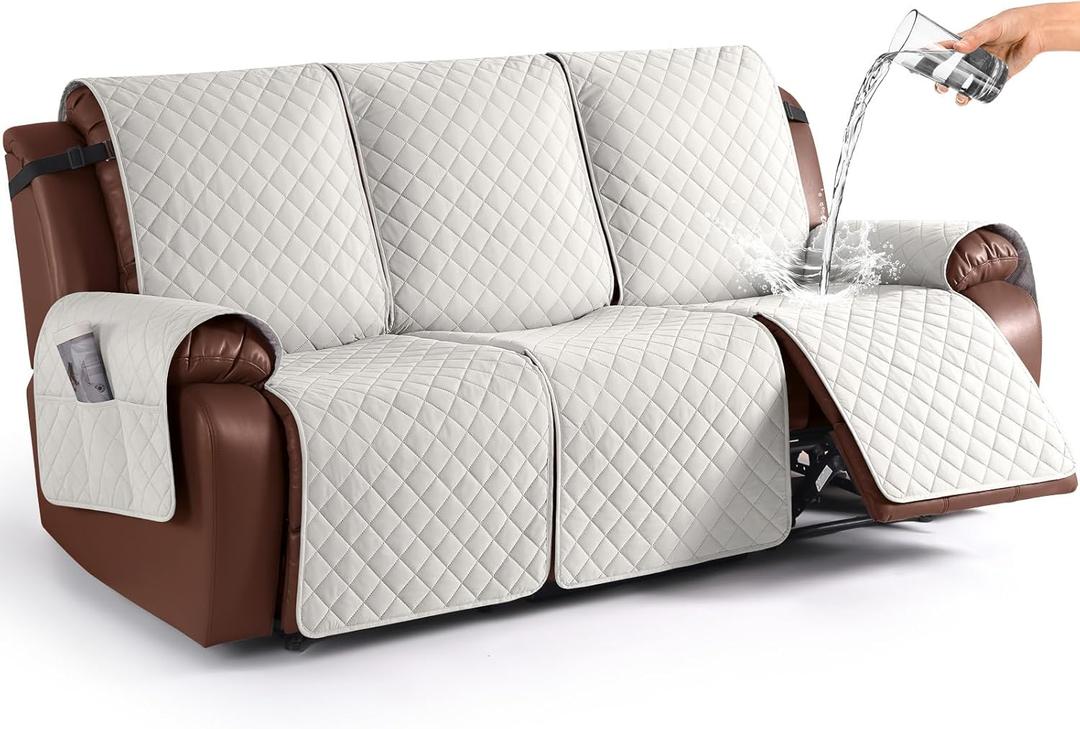 KinCam 100% Waterproof Recliner Sofa Covers, Non-Slip Reclining Couch Covers for 3 Seat, Recliner Couch Cover Furniture Protector with Elastic Straps for Pets, Kids, Beige White