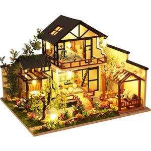 OZJAY DIY Miniature House Kit, Tiny House Kit with LED, DIY Wooden Dollhouse Miniature Kit for Adults Teen, Wooden Crafts Lovely Dollhouse Kit, Bamboo Stream Garden