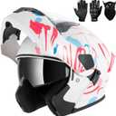 Adult Modular Motorcycle Helmets, DOT Approved Flip up Dual Visor Full Face Helmet for Men Women Moto ATV UTV Snowmobile ADV Four Wheeler Street Bike with Gloves & Mask, Pink Blue White XL