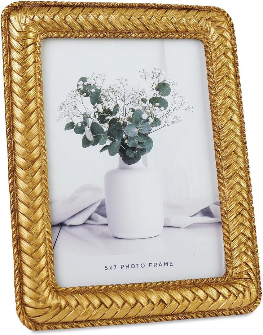 Cuspin 5x7 Gold Picture Frame, Ornate Decorative Rattan Resin Photo Frame, Gold Frames Braided Design for Tabletop Display or Wall Hanging, Elegant Home Decor