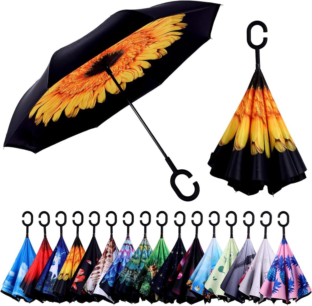 Inverted Umbrella, 49 Inch Double-Layer Vented Reverse Umbrella, Windproof Waterproof UV Protection, Lightweight C-Handle, Fiberglass Ribs, Steel Shaft, Travel/Commute/Car Use, With Sleeve (Yellow Daisy-1)