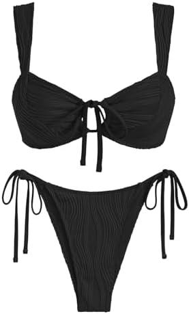 ZAFUL Women's Cinched Bikini Solid Color Wave Textured Knotted Tied Side Two Piece Swimsuit Bathing Suits S