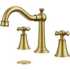 Hurran 8 Inch Widespread Bathroom Sink Faucet Brushed Gold, 3 Hole 2 Cross Handles Classic Vintage Antique Faucet with Metal Pop Up Drain and Supply Hoses for Vanity, RV, Farmhouse
