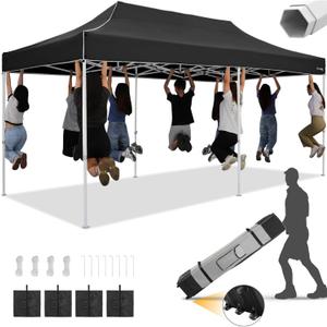 HOTEEL 10x20 pop up Canopy Tent for Parties Heavy Duty Easy Setup Party Tent,Outdoor Commercial Instant Gazebo for Wedding Event, with Roller Bag & Sand Bags,Upgraded Thick Hexagonal Legs,Black