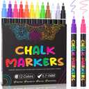 KERIFI Liquid Chalk Markers Fine Tip 1.0mm, 12 Colors Wet Erase Makers for Chalkboard Calendar, Erasable Chalk Pens for Chalkboard, Blackboard, Bistro, Menu, Glass, Wedding Signs, 45 Labels Included
