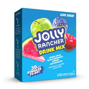 Jolly Rancher Singles To Go Variety Pack, Powdered Drink Mix, Zero Sugar, Low Calorie, Includes 4 Flavors: Green Apple, Blue Raspberry, Cherry, Watermelon, 1 Box (30 Single Servings) (BB: December 2027)