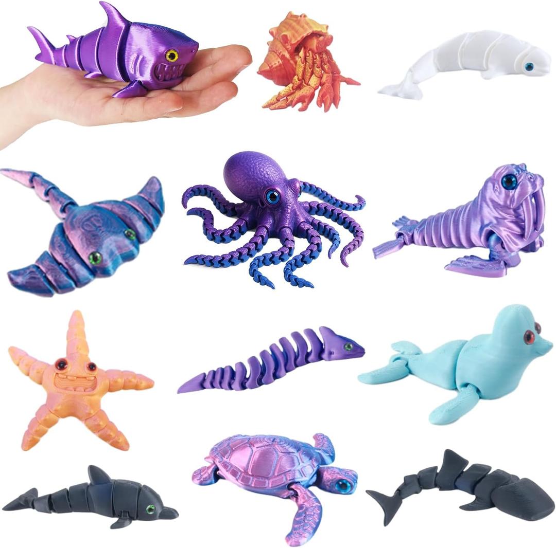 3D Printed Sea Animals Toys - 12Pcs Larger Articulated Fidget Toys for Kids - Flexible Ocean Creatures for Birthday Party Favors Goodie Bags Desk Decor- Fun Educational Gift for Boys & Girls