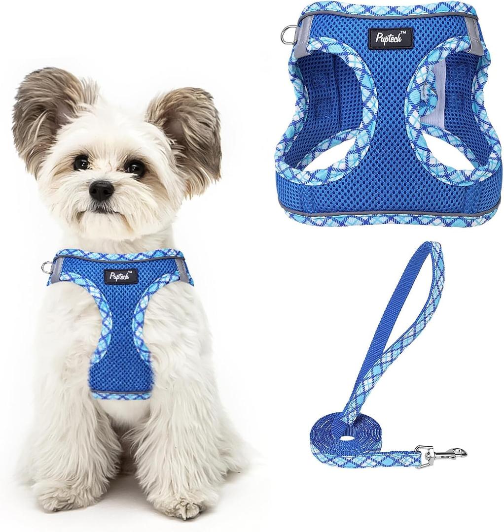 PUPTECK Dog Harness and Leash Set for Small Medium Dogs No Pull Step-in Soft Mesh Puppy Cat Vest Harnesses Reflective at Night, Upgraded New Blue XS (XS(CHEST 13"-14.5", 3-9 lbs))