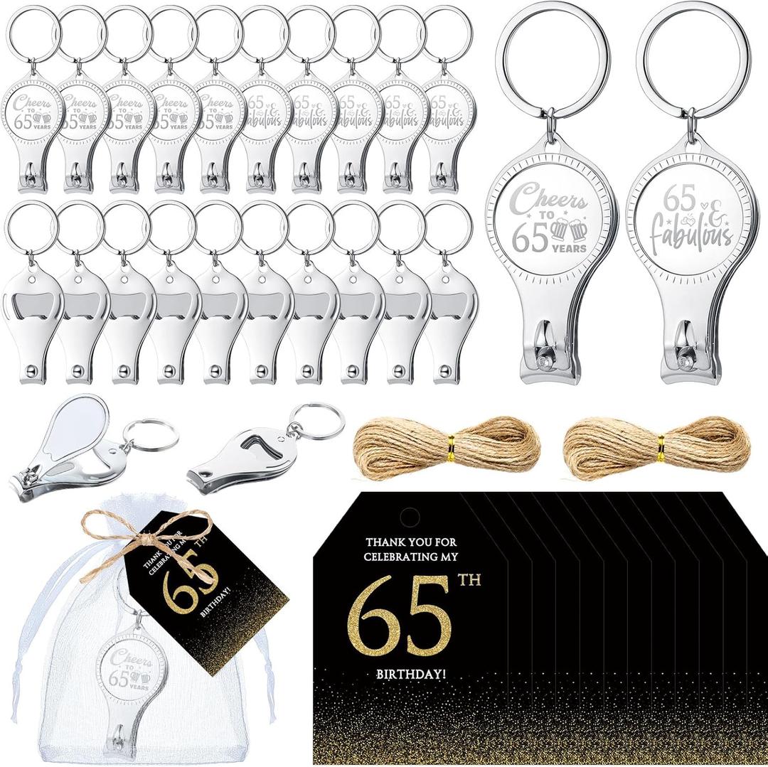Zeyune 50 Sets 65th Birthday Party Favors for Guests Cheer to 65 Years Multi-functional Bottle Opener Nail Clippers with Thank You Card Organza Bags and Hemp Rope Anniversary Party Favors