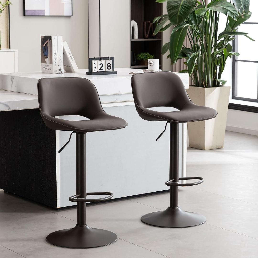 YOUNIKE Bar Stools Set of 2 Modern Swivel Barstools, Compact Adjustable Counter Height Bar Stools Faux Leather Upholstered Counter Stools with Hollow Back for Kitchen Island, Brown, Large
