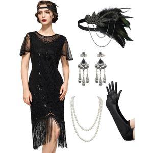 SWEETV Great Gatsby Lace Neck Flapper Dress - 1920s Dress for Women With Sleeve - Roaring 20s Costume (Small, Black)