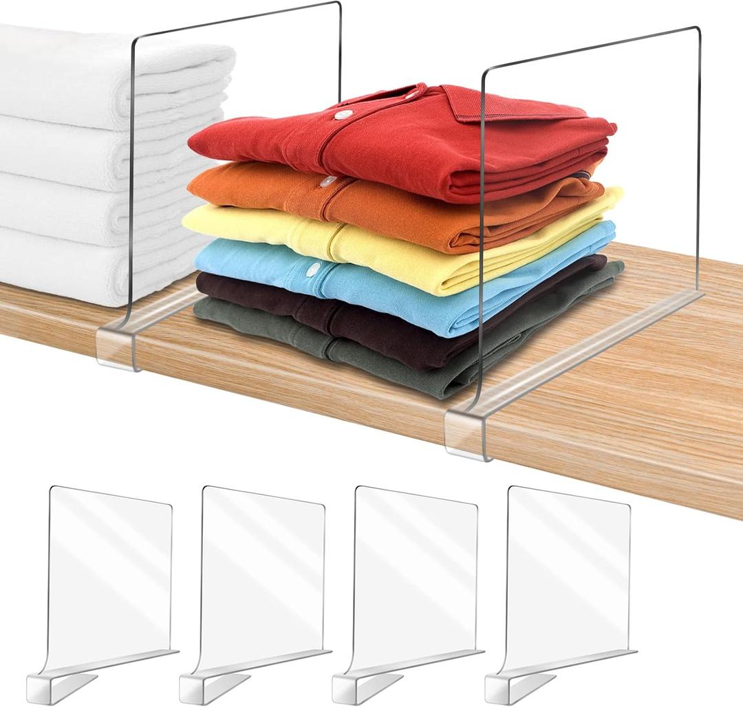 OMGelic Acrylic Shelf Dividers for Closet Organization 4PCS Closet Shelf Divider Closet Dividers for Shelves Shelf Organizer for Closet Shelf Organizer for Wood Closet Separator Clear