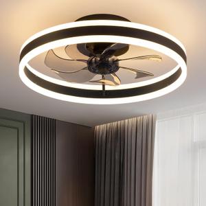 KDG 15.8" Low Profile LED Ceiling Fans with Light, Reversible Flush Mount with Remote and 6 Winds Speeds Fan Lighting, 3 Colors Dimmable for Bedroom, Living Room, Kids, Dinning Room, Kitchen (Black), 15.8in