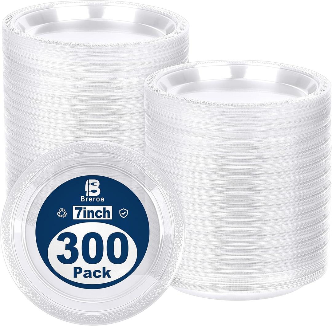 300 Pack Clear Disposable Plastic Plates with Sticker 7 Inch Heavy Duty Round Plates Food Grade Solid Color Dinner Party Plates for Party Supplies, Dinner, Picnic