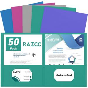 Two Pocket Folders, RAZCC 50 Pack 2 Pocket Folders Fit Letter Size Paper, Paper Folders with Pockets for School Office Business Home, Assorted 5 Colors