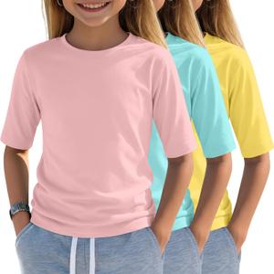 Oakgarden 3 Pack Girls Short Sleeve T Shirts Kids Summer Crewneck Basic Tops Tween Cute Slim Fitted Tees 5-14 Years