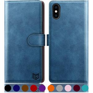 SUANPOT for iPhone X/XS 5.8inch(Non XS Max 6.5") with RFID Blocking Leather Wallet case Credit Card Holder, Flip Folio Book Phone case Shockproof Cover for Women Men for Apple X/Xs case Sky Blue