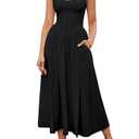 KUTUMAI Floral Corset Midi Dress Flowy Slit Summer Spring Wedding Guest Dresses for Women Sundress with Pockets Black L