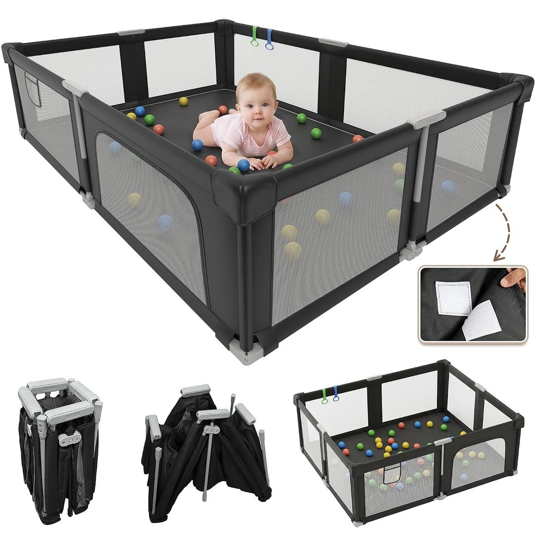 Foldable Playpen for Babies and Toddlers with Mat, 73" x 61" Playard for Indoor & Outdoor, Baby Play Pen with Soft Breathable Mesh, Pull-Link and Ocean Balls, Black