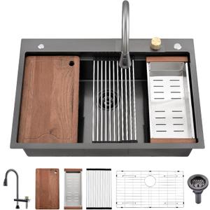 33x22 Drop In Kitchen Sink with Faucet Combo -33x22 Waterfall Kitchen Sink and Faucet Combo Set,16 Gauge Black Stainless Steel Waterfall Sink, 10" Deep Single Bowl Workstation Sinks